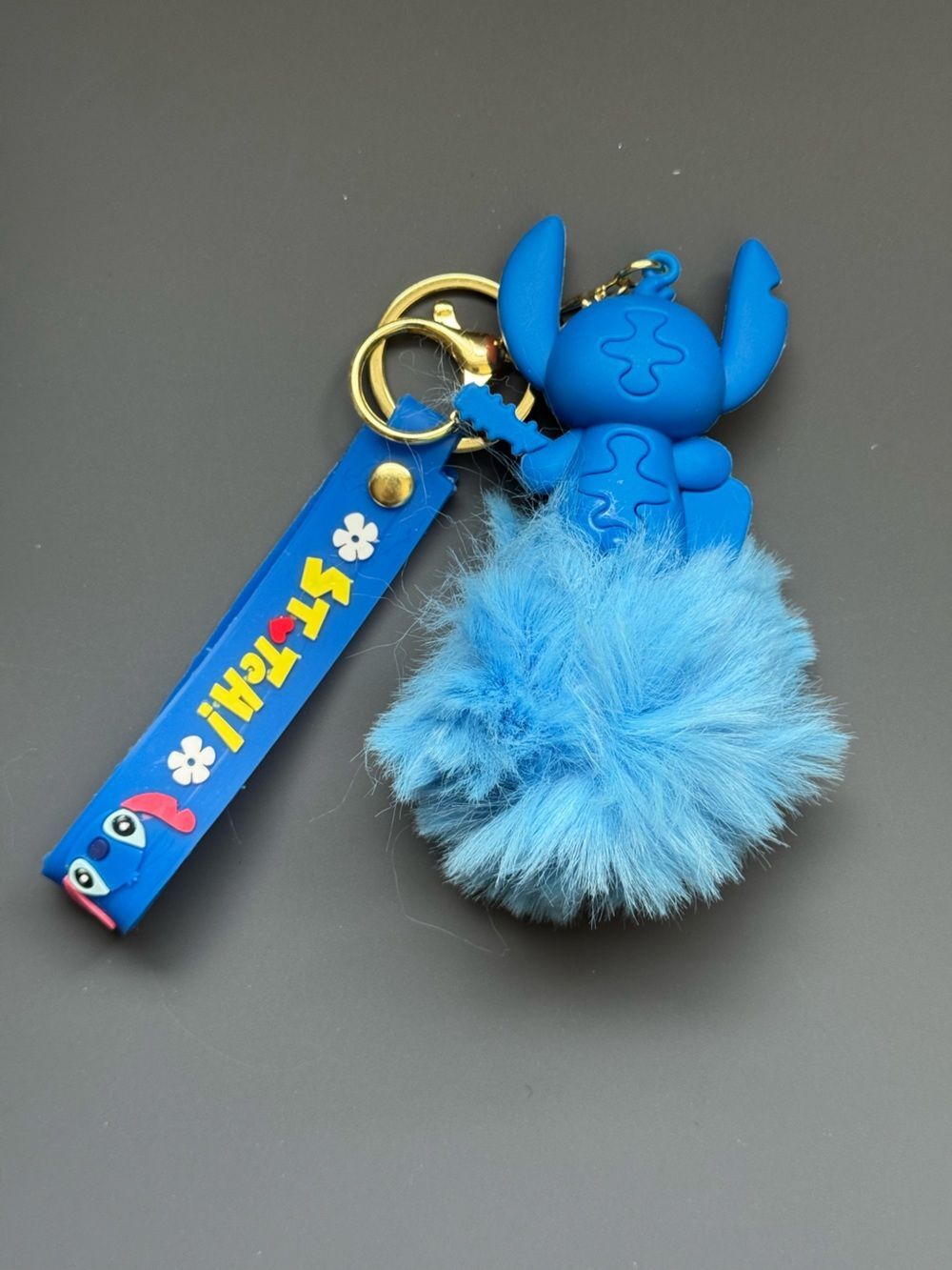 Blue Stitch Fluffy Pom Pom Keychain Bag Charm with Guitar Charm NIP - Picture 2 of 9